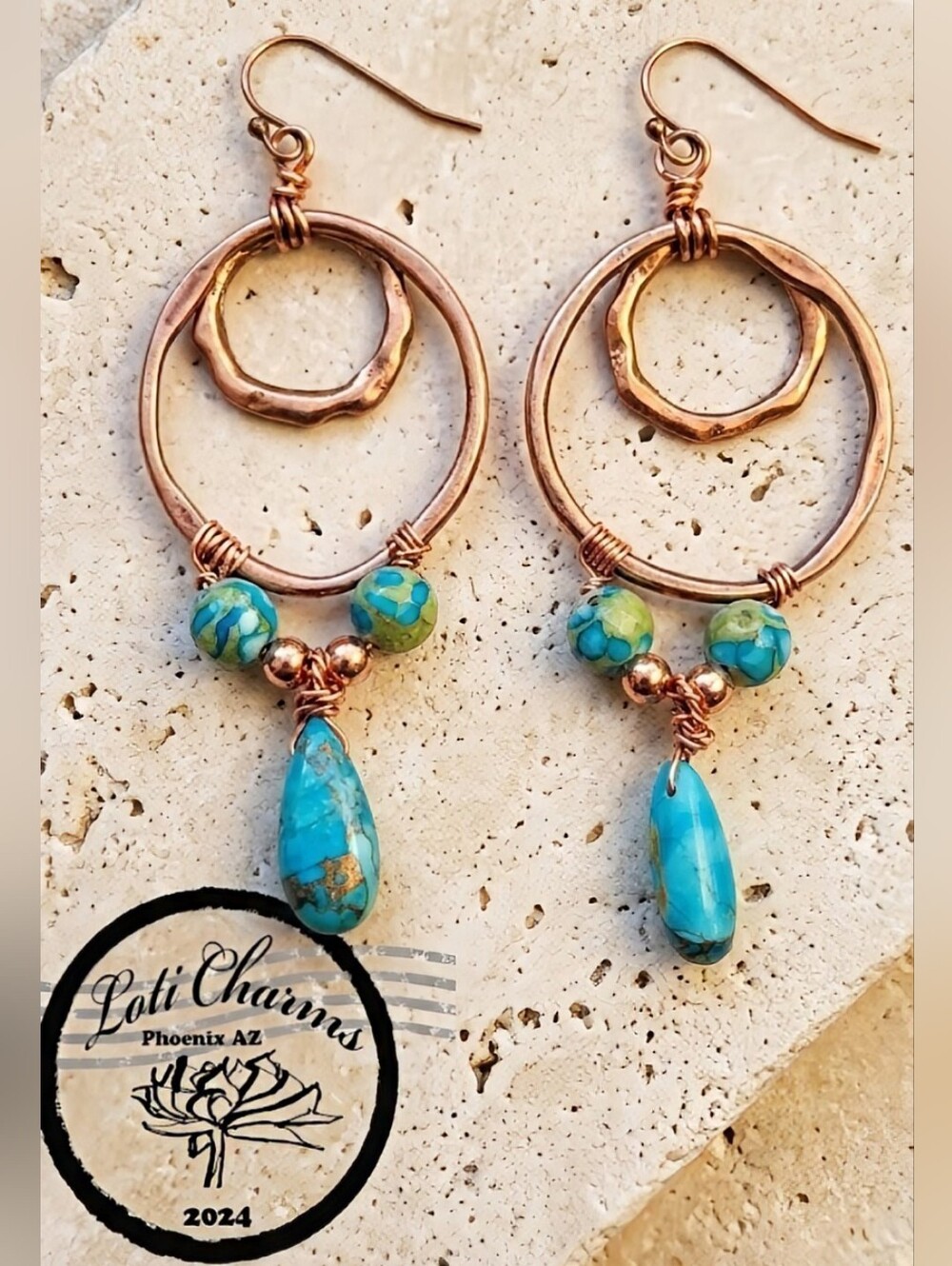 True Blue Turquoise Copper Stones In Geometric Artisan-Designed Copper Earrings